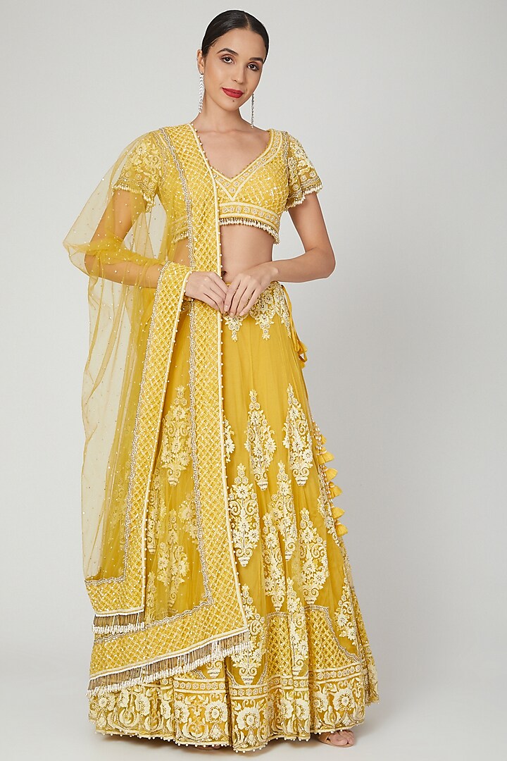 Yellow Floral Embroidered Lehenga Set by Shilpi Ahuja