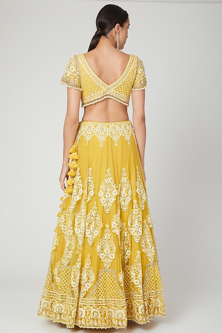 Yellow Floral Embroidered Wedding Lehenga Set by Shilpi Ahuja at Pernia's Pop Up Shop