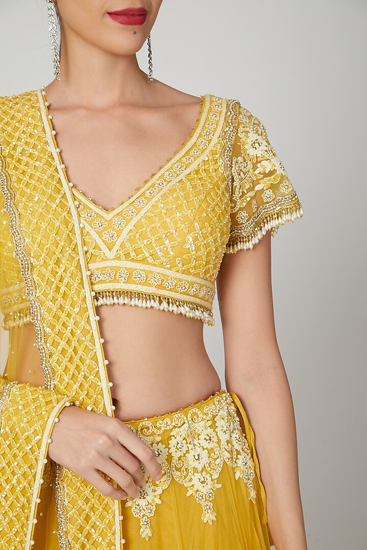 Yellow Floral Embroidered Wedding Lehenga Set by Shilpi Ahuja at Pernia's Pop Up Shop