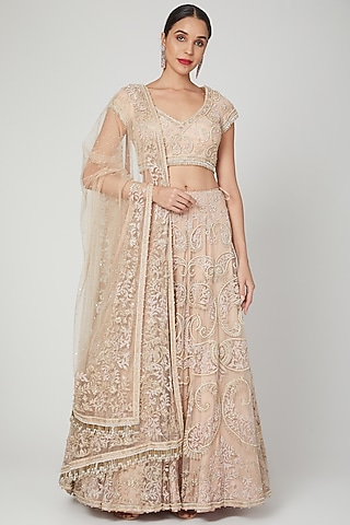 Peach Embroidered Lehenga Set by Shilpi Ahuja