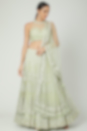 Lime Green Embroidered Lehenga Set by Shilpi Ahuja