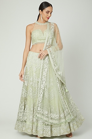 Lime Green Embroidered Lehenga Set by Shilpi Ahuja