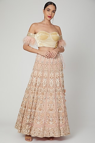 Peach Floral Embroidered Lehenga Set by Shilpi Ahuja