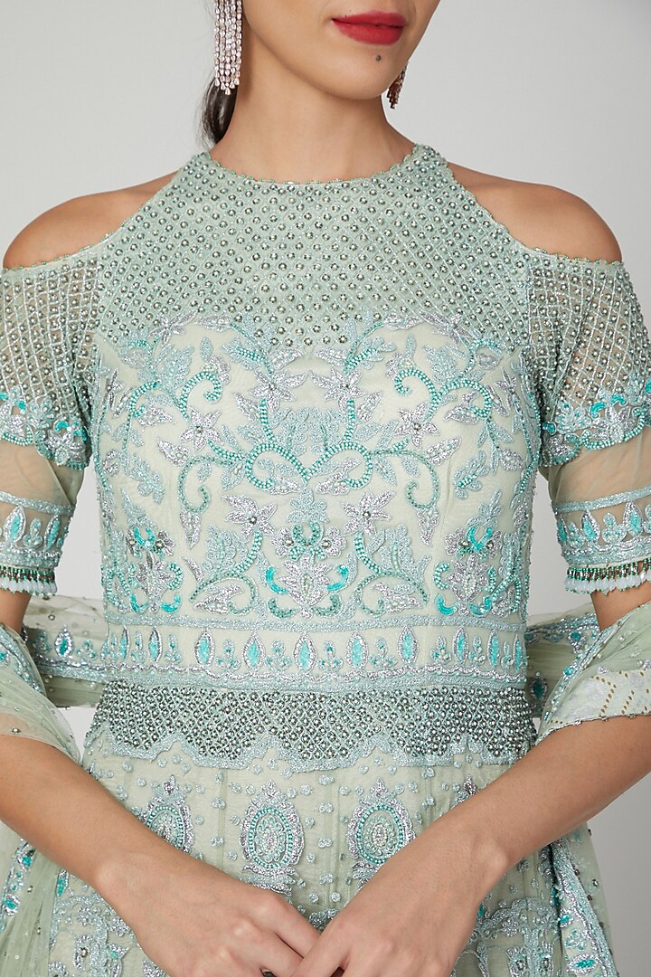 Mint Green Bridal Anarkali With Dupatta by Shilpi Ahuja at Pernia's Pop Up Shop