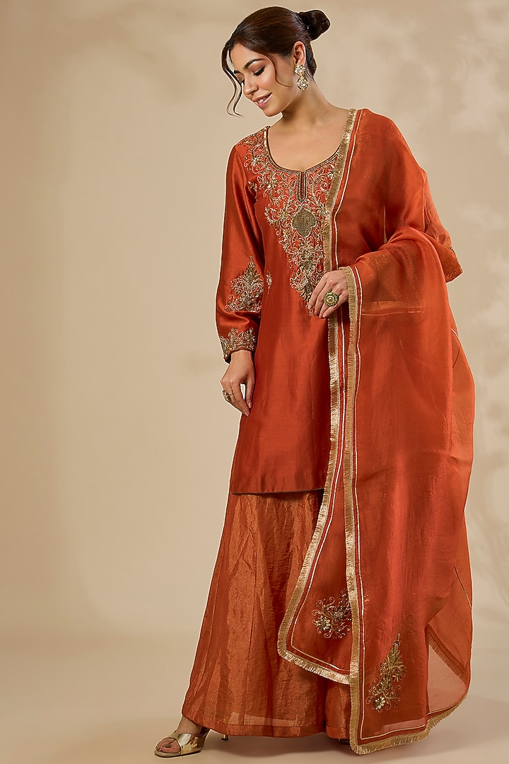 Orange Chennai Silk Wedding Sharara Set by Sahreen at Pernia's Pop Up Shop
