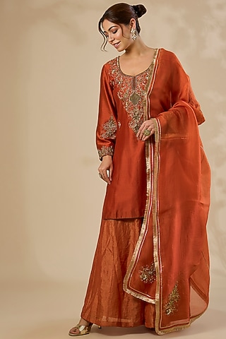 Orange Chennai Silk Sharara Set by Sahreen