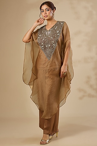 Beige Silk Organza Zardosi Work Kaftan Set by Sahreen
