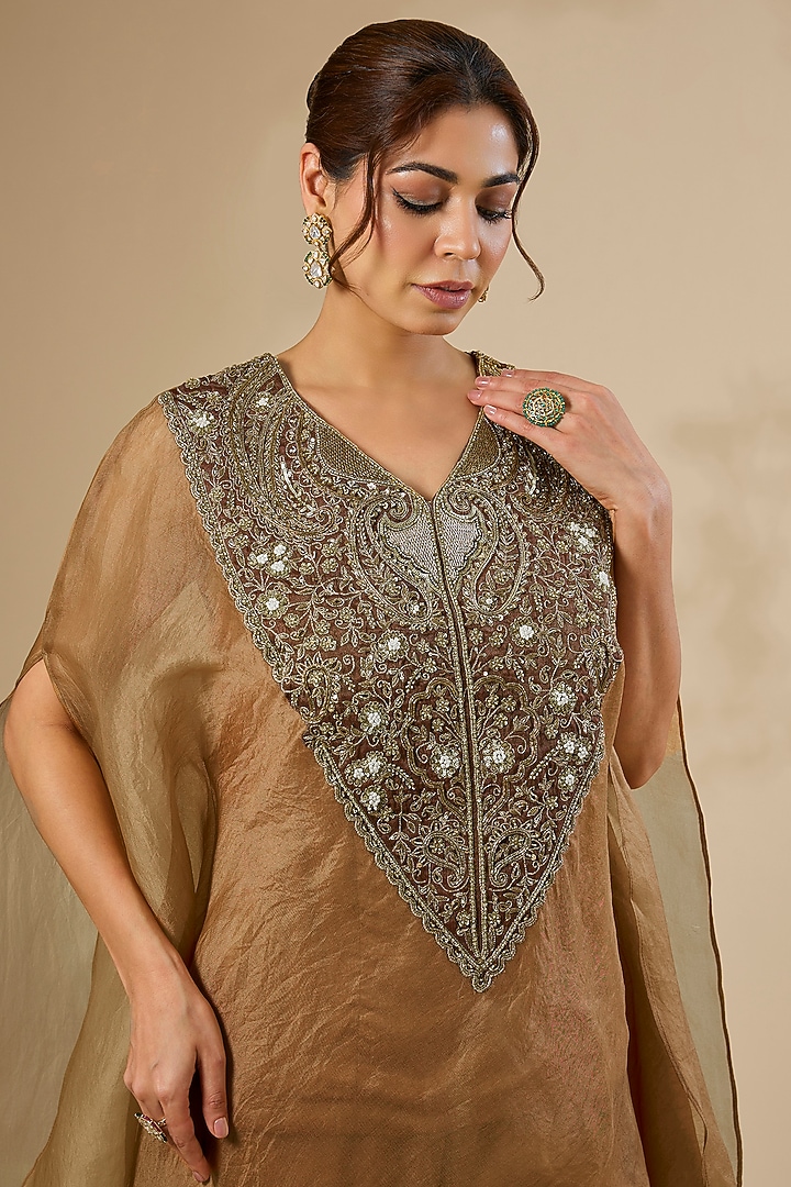 Beige Silk Organza Zardosi Work Kaftan Set by Sahreen at Pernia's Pop Up Shop