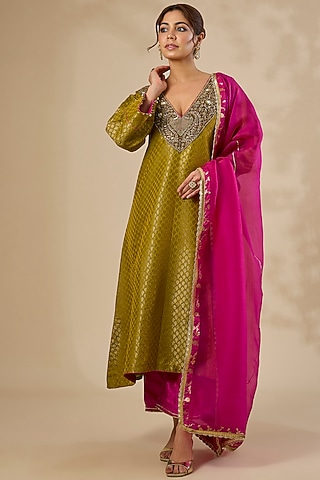 Green Banarasi Katan Silk Zardosi Work Kurta Set by Sahreen