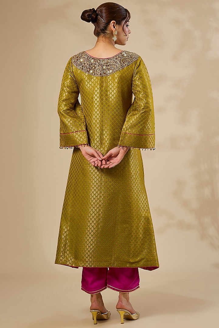 Green Banarasi Katan Silk Zardosi Work Kurta Set by Sahreen at Pernia's Pop Up Shop