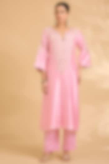 Pastel Pink Dupion Silk Zardosi Work Kaftan Set by Sahreen at Pernia's Pop Up Shop