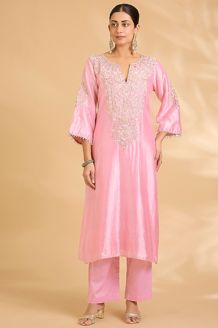 Pastel Pink Dupion Silk Zardosi Work Kaftan Set by Sahreen at Pernia's Pop Up Shop