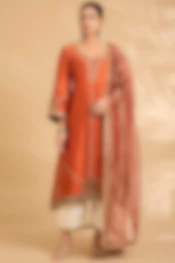 Rust Orange Pure Silk Zardosi Work Kurta Set by Sahreen at Pernia's Pop Up Shop