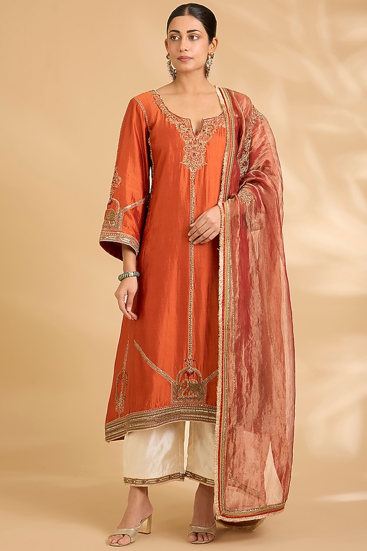 Rust Orange Pure Silk Zardosi Work Kurta Set by Sahreen at Pernia's Pop Up Shop
