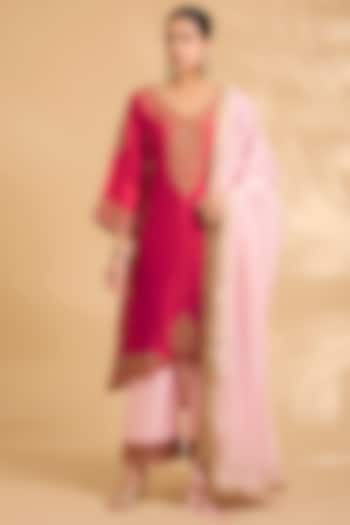 Red Pure Silk Zardosi Work Kurta Set by Sahreen at Pernia's Pop Up Shop