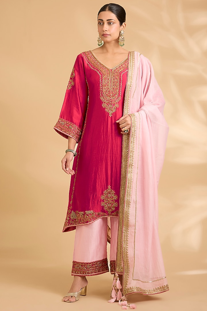 Red Pure Silk Zardosi Work Kurta Set by Sahreen at Pernia's Pop Up Shop