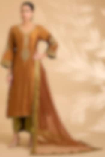 Rich Brown Pure Silk Zardosi Work Kurta Set by Sahreen at Pernia's Pop Up Shop