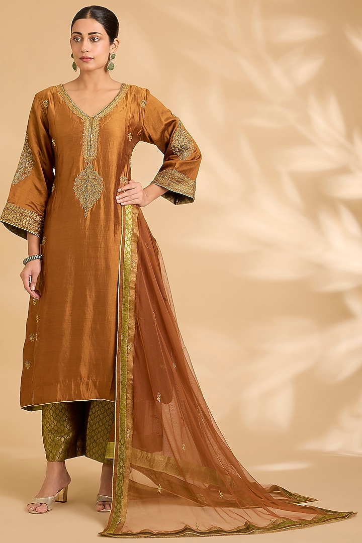 Rich Brown Pure Silk Zardosi Work Kurta Set by Sahreen at Pernia's Pop Up Shop