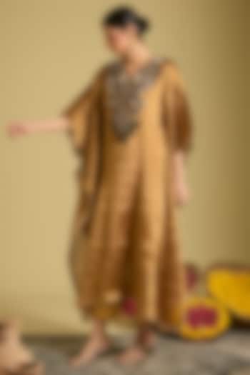 Gold Pure Silk Tissue Zardosi Embroidered Kaftan Set by Sahreen at Pernia's Pop Up Shop