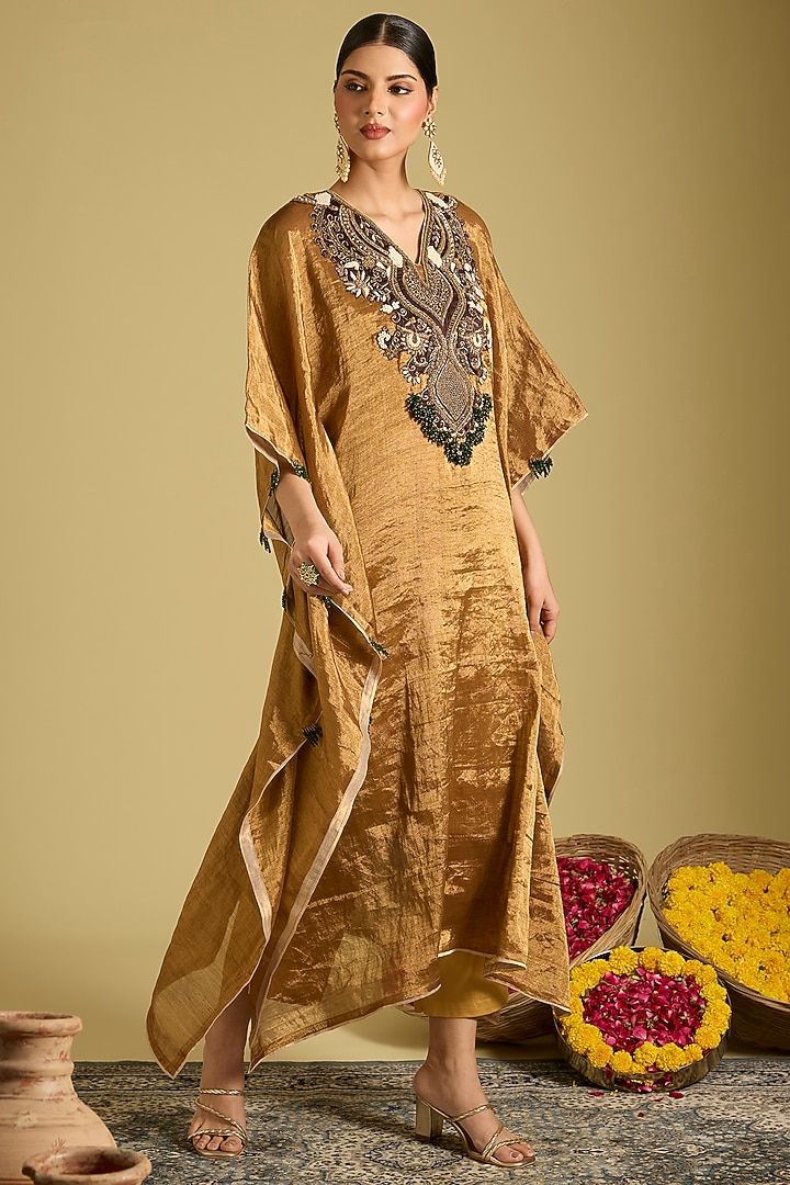 Gold Pure Silk Tissue Zardosi Embroidered Kaftan Set by Sahreen at Pernia's Pop Up Shop