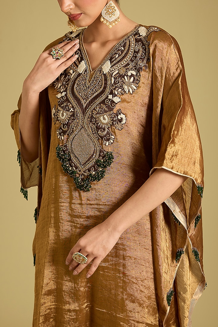 Gold Pure Silk Tissue Zardosi Embroidered Kaftan Set by Sahreen at Pernia's Pop Up Shop