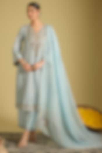 Blue Katan Tissue Zardosi Embroidered Kurta Set by Sahreen at Pernia's Pop Up Shop