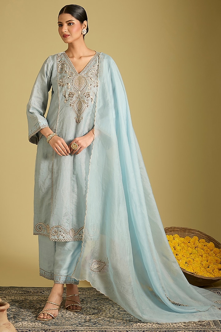 Blue Katan Tissue Zardosi Embroidered Kurta Set by Sahreen at Pernia's Pop Up Shop