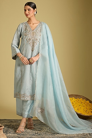 Blue Katan Tissue Zardosi Embroidered Kurta Set by Sahreen