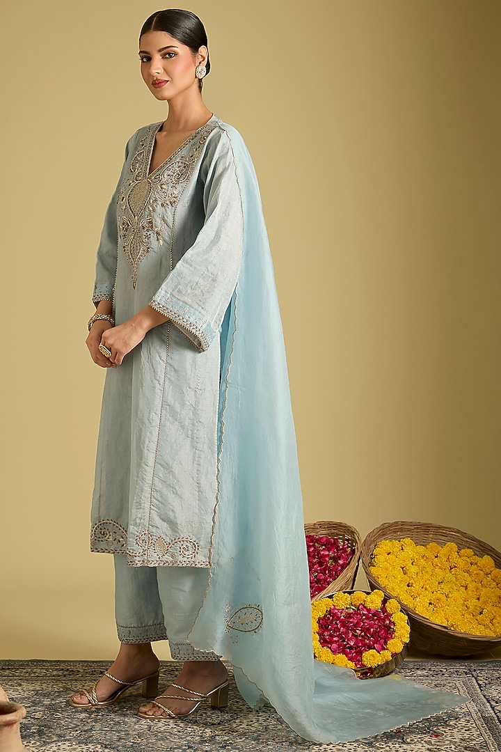 Blue Katan Tissue Zardosi Embroidered Kurta Set by Sahreen at Pernia's Pop Up Shop