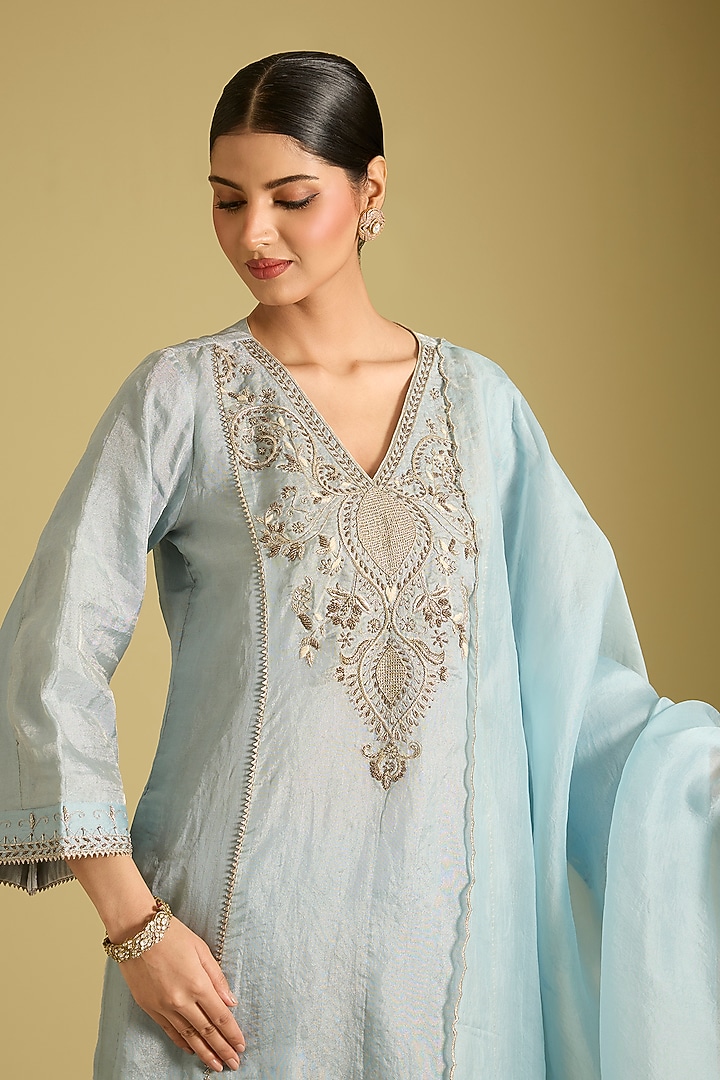 Blue Katan Tissue Zardosi Embroidered Kurta Set by Sahreen at Pernia's Pop Up Shop