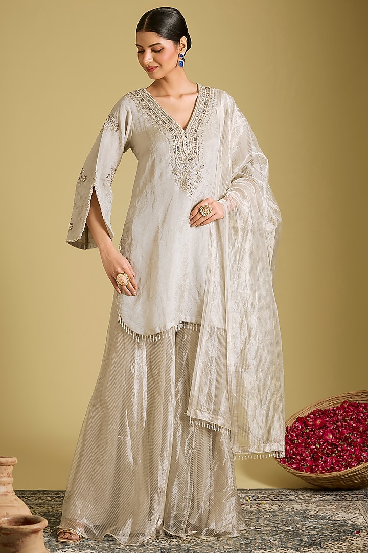 Silver Silk Tissue Wedding Sharara Set by Sahreen at Pernia's Pop Up Shop