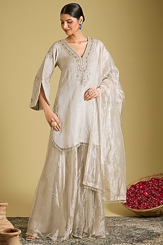 Silver Silk Tissue Sharara Set by Sahreen