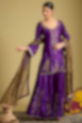 Purple Kora Dupion Wedding Sharara Set by Sahreen at Pernia's Pop Up Shop