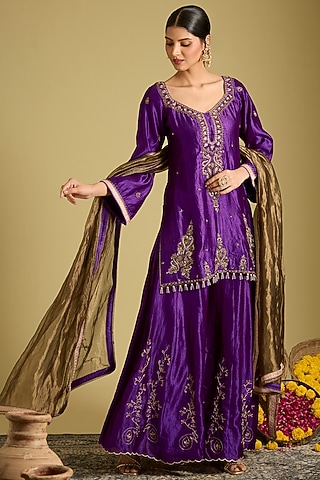 Purple Kora Dupion Sharara Set by Sahreen
