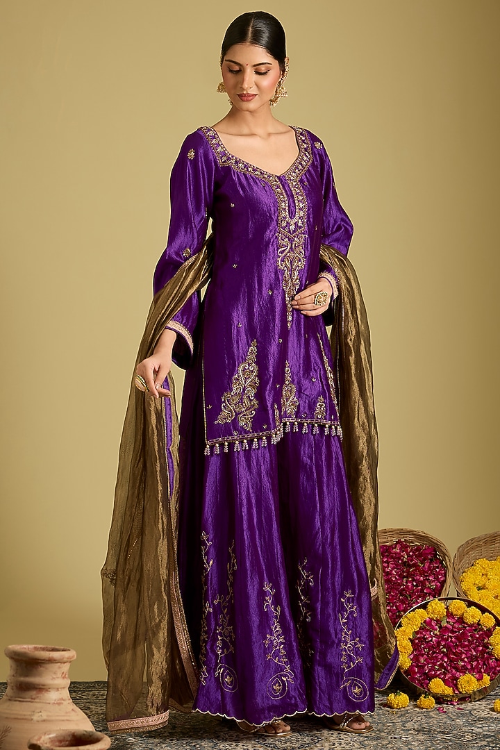 Purple Kora Dupion Wedding Sharara Set by Sahreen at Pernia's Pop Up Shop