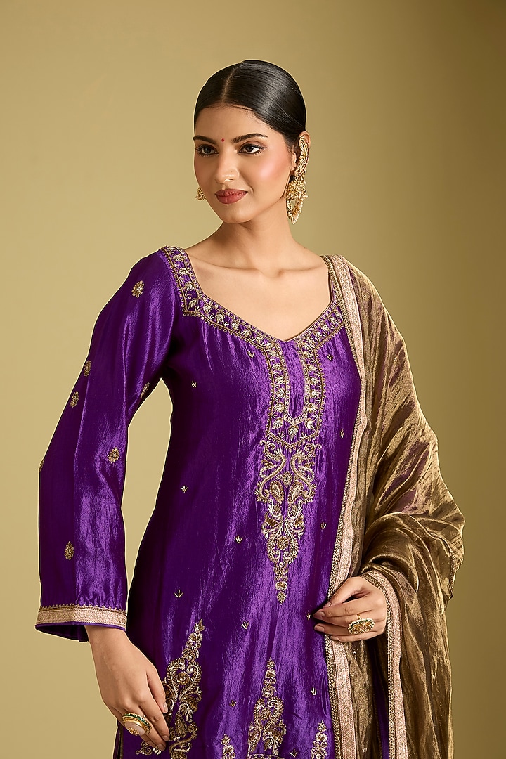Purple Kora Dupion Wedding Sharara Set by Sahreen at Pernia's Pop Up Shop