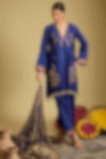 Deep Blue Chanderi Silk Zardosi Work Kurta Set by Sahreen at Pernia's Pop Up Shop