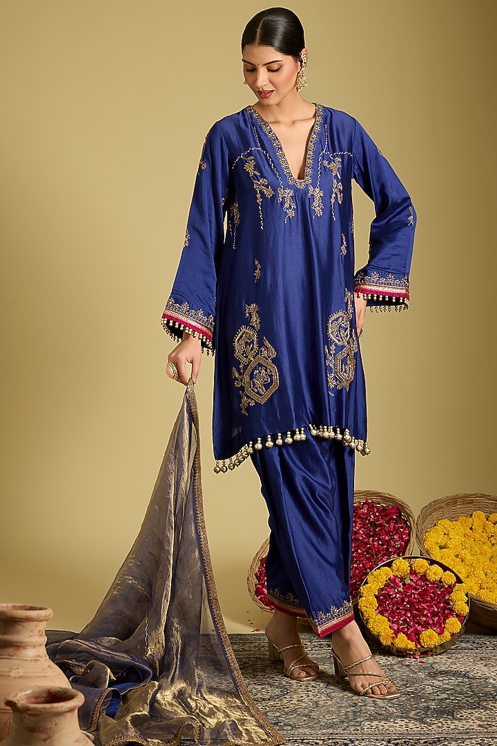 Deep Blue Chanderi Silk Zardosi Work Kurta Set by Sahreen at Pernia's Pop Up Shop