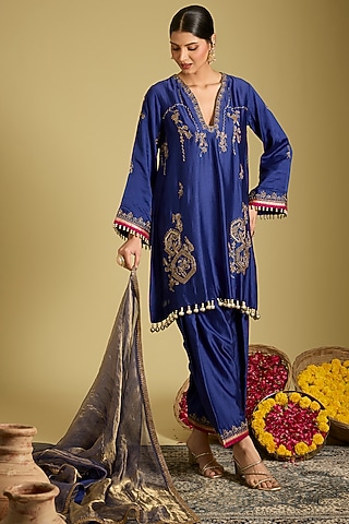 Deep Blue Chanderi Silk Zardosi Work Kurta Set by Sahreen