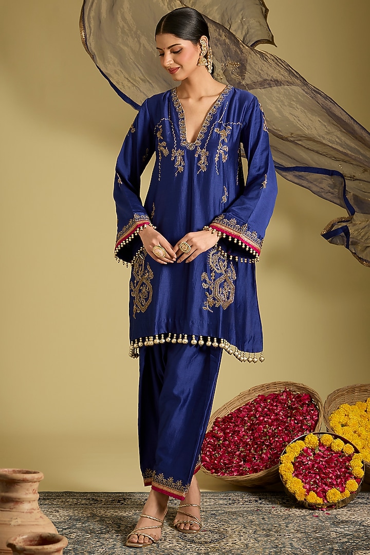 Deep Blue Chanderi Silk Zardosi Work Kurta Set by Sahreen at Pernia's Pop Up Shop