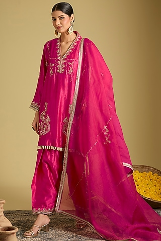 Deep Pink Chanderi Silk Zardosi Work Kurta Set by Sahreen
