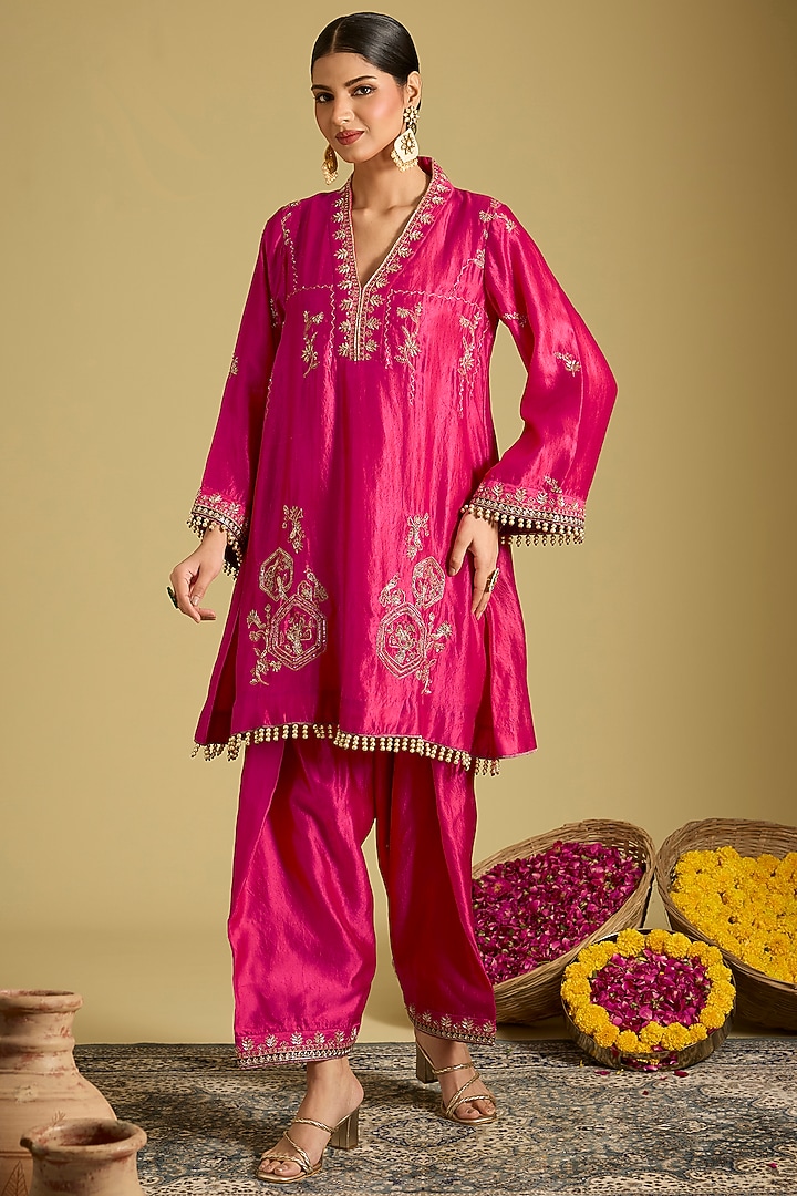 Deep Pink Chanderi Silk Zardosi Work Kurta Set by Sahreen at Pernia's Pop Up Shop