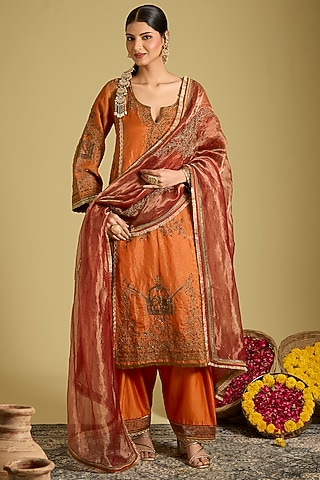 Orange Katan Silk Tissue Sequins Embellished Kurta Set by Sahreen