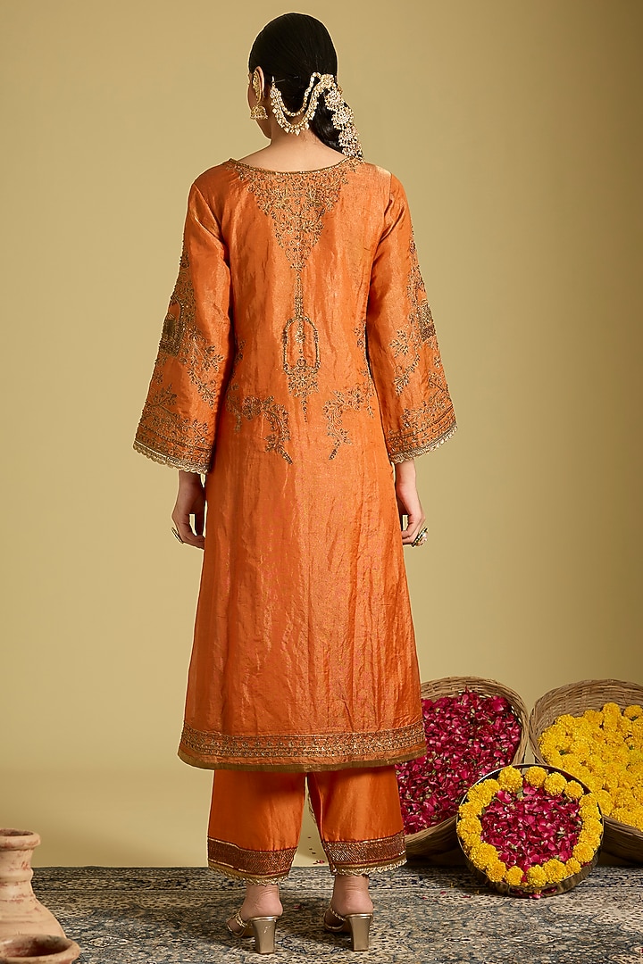 Orange Katan Silk Tissue Sequins Embellished Kurta Set by Sahreen at Pernia's Pop Up Shop