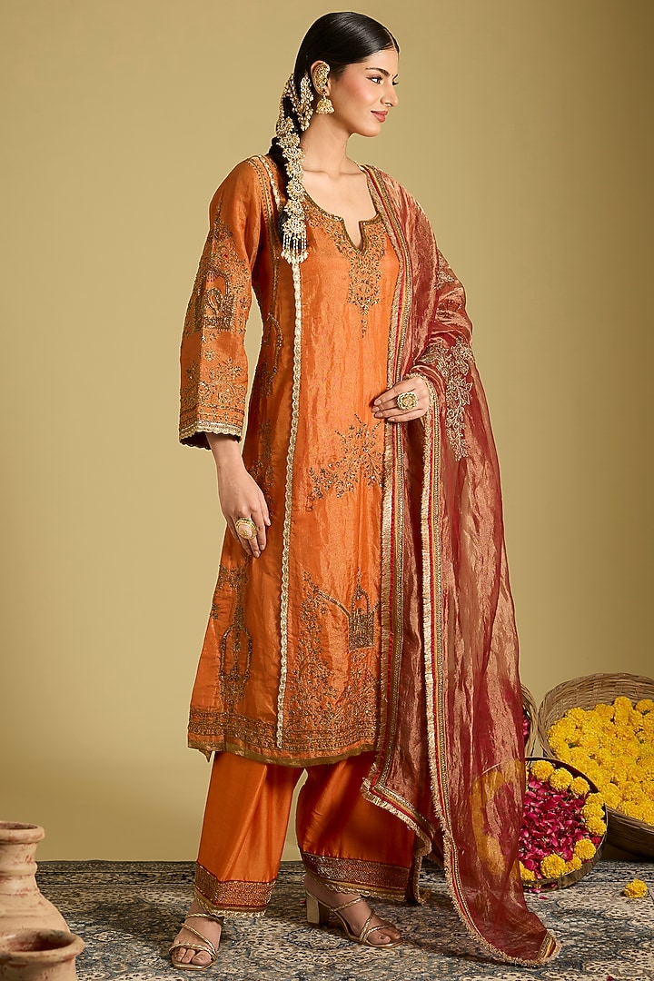 Orange Katan Silk Tissue Sequins Embellished Kurta Set by Sahreen at Pernia's Pop Up Shop