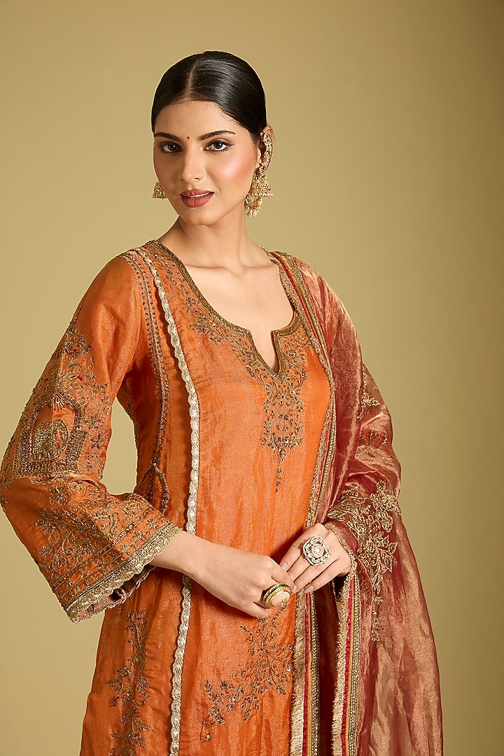 Orange Katan Silk Tissue Sequins Embellished Kurta Set by Sahreen at Pernia's Pop Up Shop
