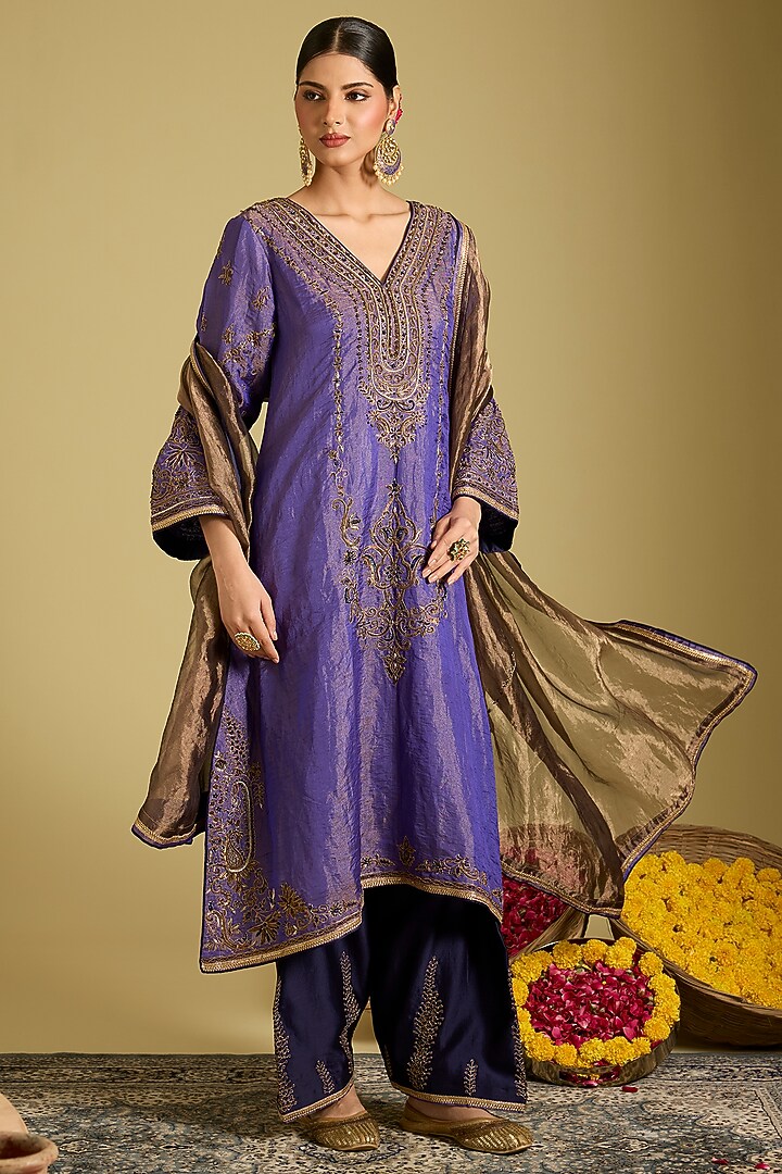 Purple Katan Silk Tissue Zardosi Embellished Kurta Set by Sahreen at Pernia's Pop Up Shop