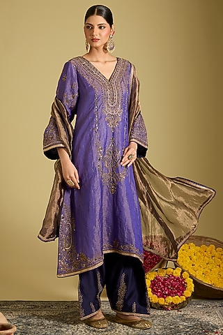 Purple Katan Silk Tissue Zardosi Embellished Kurta Set by Sahreen