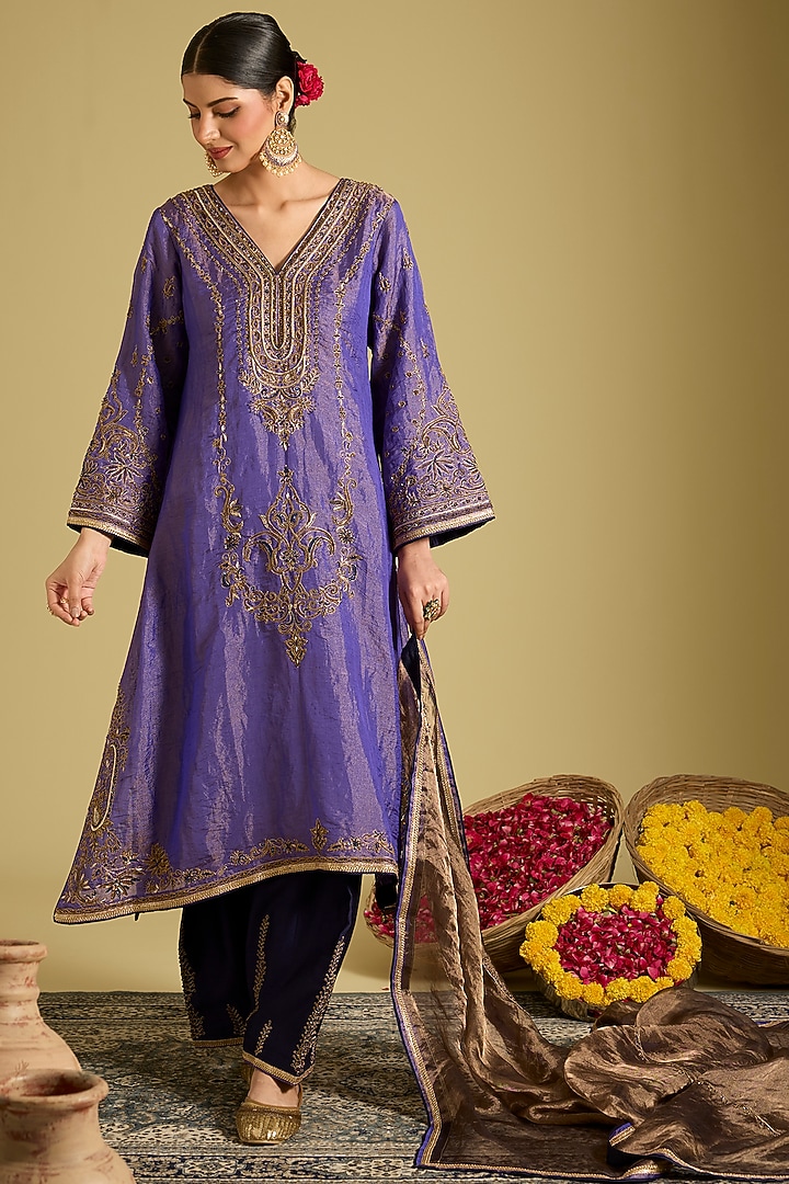 Purple Katan Silk Tissue Zardosi Embellished Kurta Set by Sahreen at Pernia's Pop Up Shop