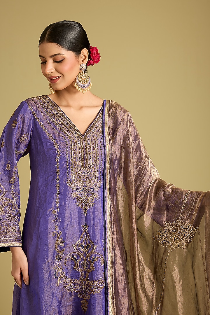 Purple Katan Silk Tissue Zardosi Embellished Kurta Set by Sahreen at Pernia's Pop Up Shop
